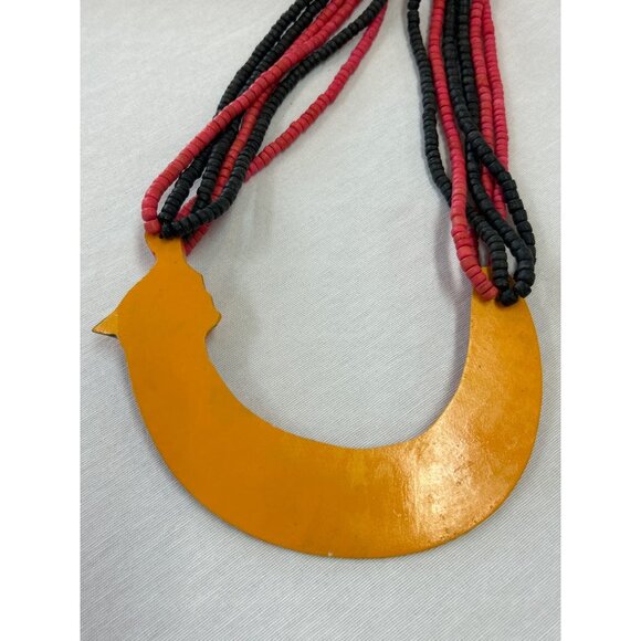 Vintage Tiger Bib Necklace Red Black Wood Beads Hand Painted Statement - Picture 6 of 7